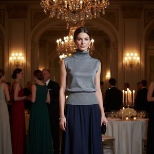 Nygard Collection Silk Silver Metallic Tank Top Sleeveless Turtleneck SMALL 6 8